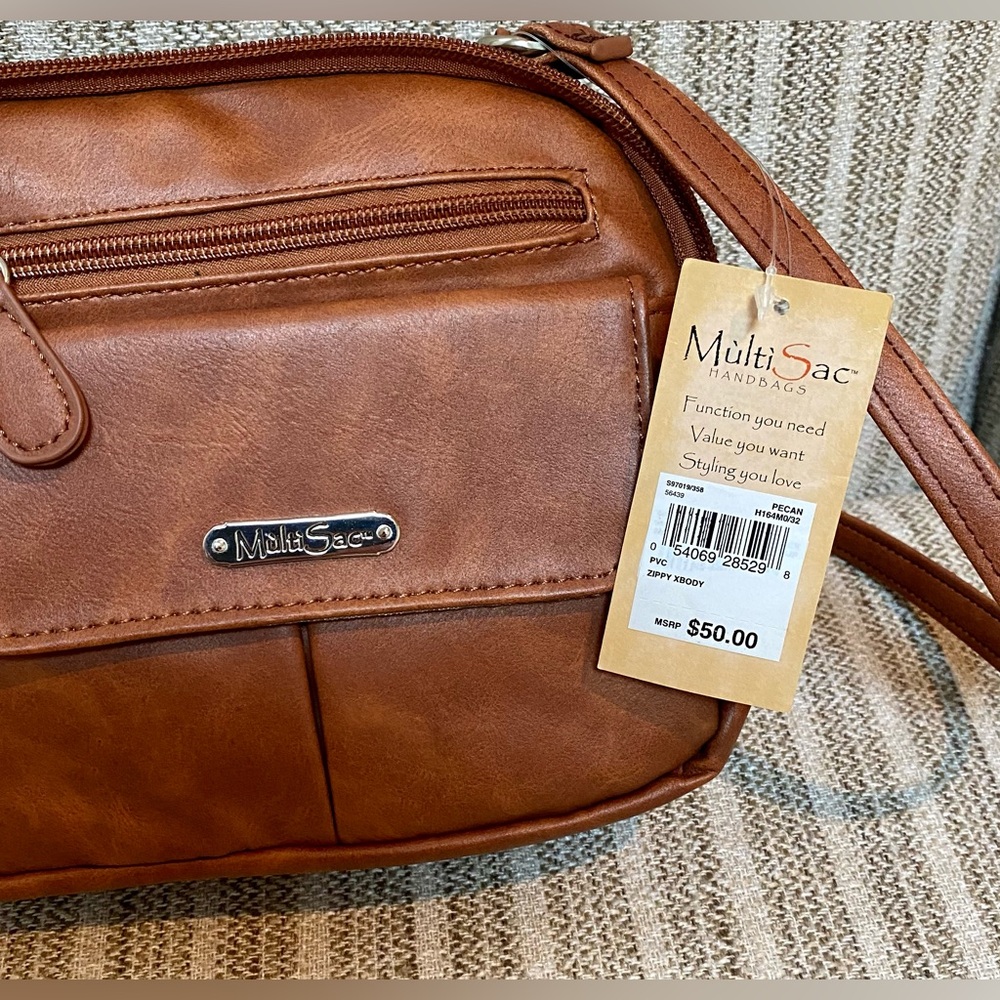 👜NWT MultiSac 7 Pocket Brown Leather Handbag - Picture 4 of 5